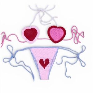Heart Crochet Bikini Set - Pink and Red